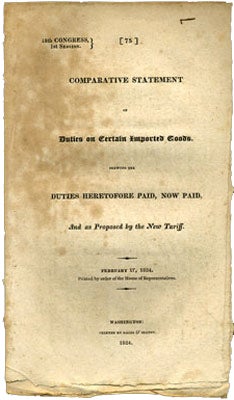 Item #27981 Comparative Statement of Duties on Certain Imported Goods. Shewing the Duties Heretofore Paid, now Paid, and as Proposed by the new Tariff. February 17, 1824. Printed by order of the House of Representatives. United States. Congress.