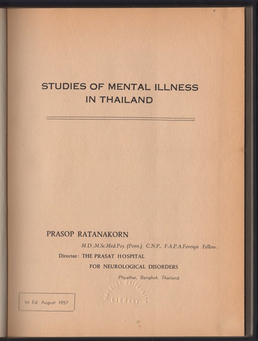Item #29963 Studies of Mental Illness in Thailand. Prasop Ratanakorn.
