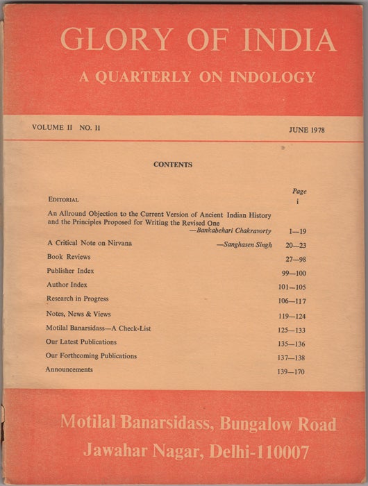 Item #30598 Glory of India. A Quarterly of Indology. Volume II, No. II. June 1978. N. P Jain, ed.