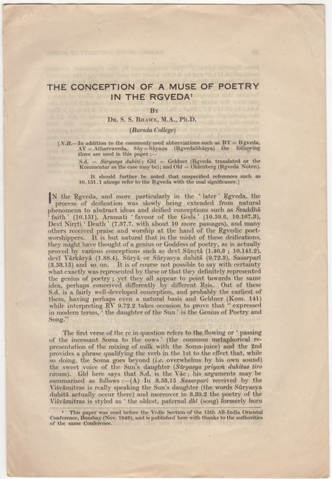 Item #30632 The Conception of a Muse of Poetry in the Rgveda. S. S. Bhawe.