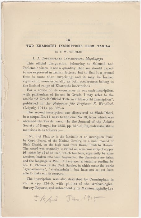 Item #30728 "Two Kharosthi Inscriptions from Taxila," [from] The Journal of The Royal Asiatic Society, Jan. 1915. F. W. Thomas.