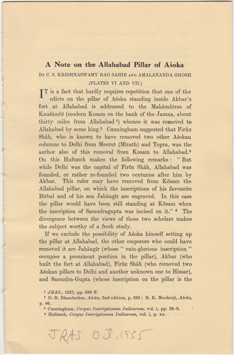 Item #30730 "A Note on the Allahabad Pillar of Asoka, [from] The Journal of The Royal Asiatic Society, Oct. 1935. C. S. Krishnaswamy Rao Sahib, Amalananda Ghosh.
