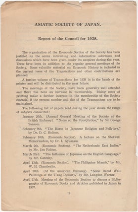 Item #32594 Report of the Council for 1938. Asiatic Society of Japan. Asiatic Society of Japan