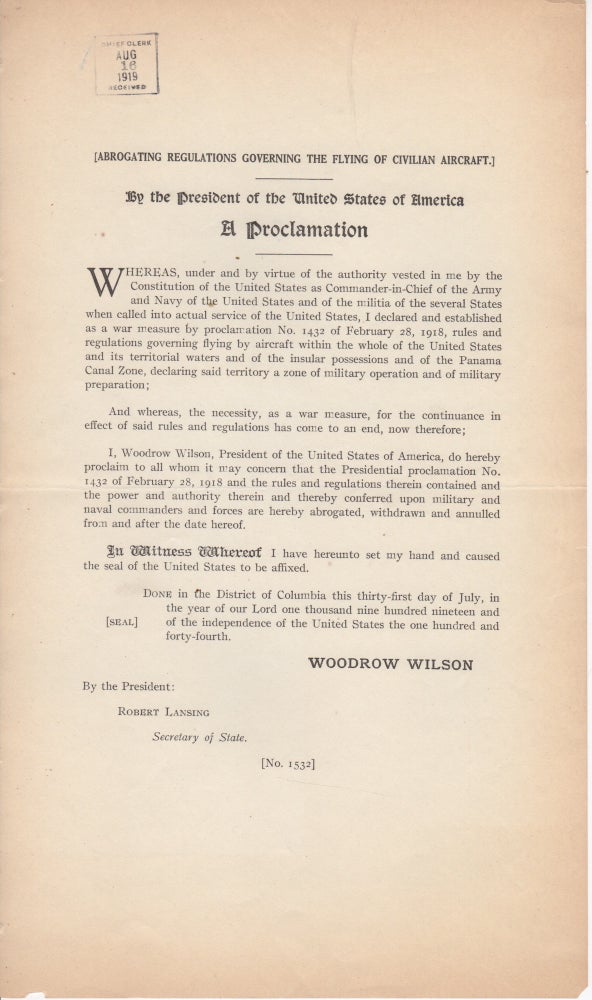 Item #33762 (Abrogating Regulations Governing the Flying of Civilian Aircraft). A Proclamation By the President of the United States. Woodrow Wilson.