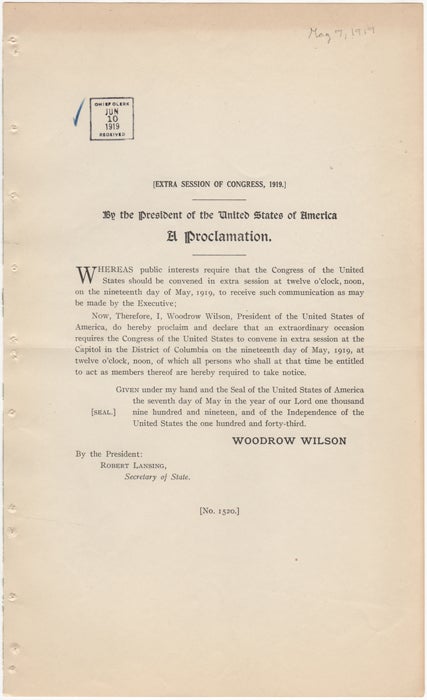 Item #33941 [Extra Session of Congress, 1919]. By the President of the United States of America A Proclamation. Woodrow Wilson.