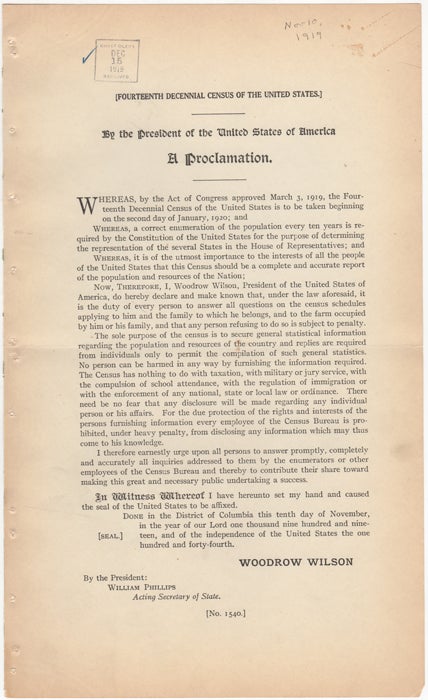 Item #33947 [Fourteenth Decennial Census of the United States]. By the President of the United States of America. A Proclamation. Woodrow Wilson.