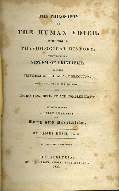 Item #35199 The Philosophy of the Human Voice: Embracing its Physiological History; together with a System of Principles, by which Criticism in the Art of Elocution may be Rendered Intelligible, and Instruction, Definite and Comprehensive. James Rush.