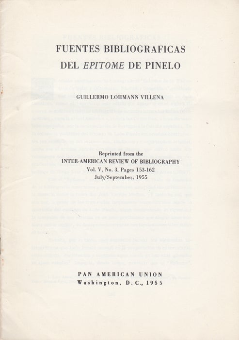 Item #35802 Fuentes bibliograficas del epitome de Pinelo. Guillermo Lohmann Villena.
