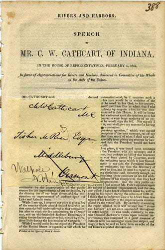 Item #36195 Rivers and Harbors. Speech of Mr. C.W. Cathcart, of Indiana, in the House of Representatives, February 4, 1847, in Favor of Appropriations for Rivers and Harbors, delivered in Committee of the Whole on the state of the Union. C. W. Cathcart, Charles William.