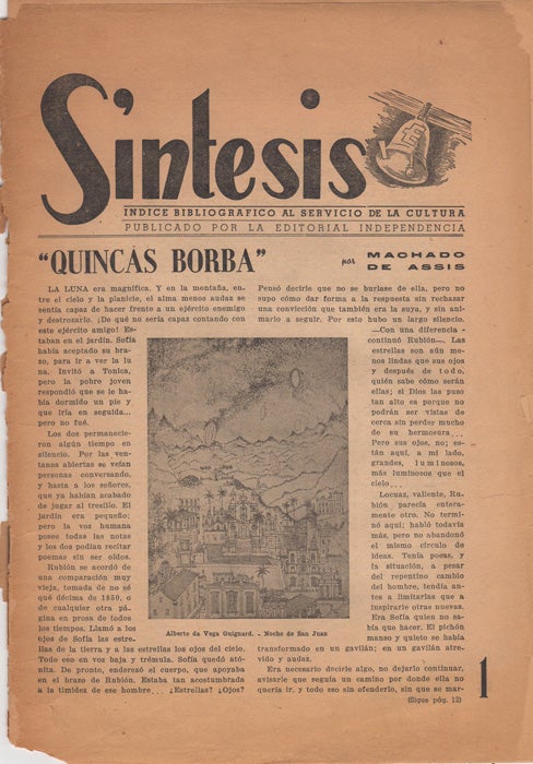 Item #36331 Síntesis: índice bibliográfico al servicio de la cultura publicado por la Editorial Independencia. Año 2, no. 12 Julio-Agosto de 1947. Editorial Independencia, Uruguay Montevideo.