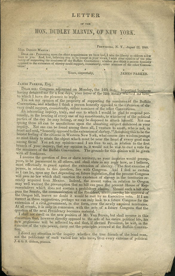 Item #36337 Letter of the Hon. Dudley Marvin, of New York. Frewsburg N.Y. August 12, 1848. Dudley Marvin.