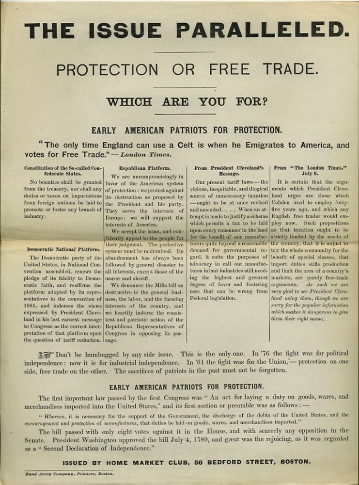 Item #36571 [Broadside] The Issue Paralleled. Protection or Free Trade. Which are You For? Early American Patriots for Protection. Home Market Club.