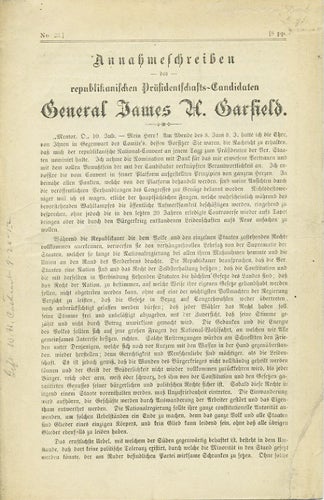Item #37260 Annahmeschreiben des republikanischen Präsidentschafts-Canditaten General James A. Garfield. No. 23. James A. Garfield, Chester Alan Arthur.