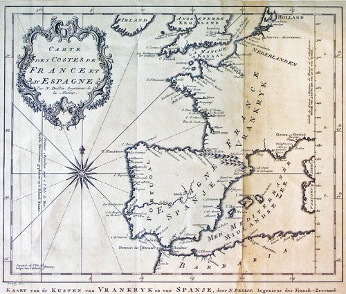Item #37579 Carte des costes de France et d'Espagne. Kaart van de Kusten van Vrankryk en van Spanje. Jacques Nicolas. Schley Bellin, Jacob van der.