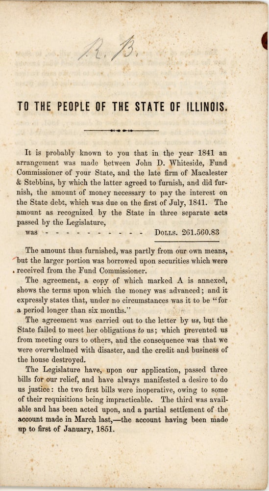 Item #37649 [Appeal of Macalester and Stebbins to the people of Illinois, Philadelphia, June, 1851] To the People of the State of Illinois. Illinois, Michigan Canal.