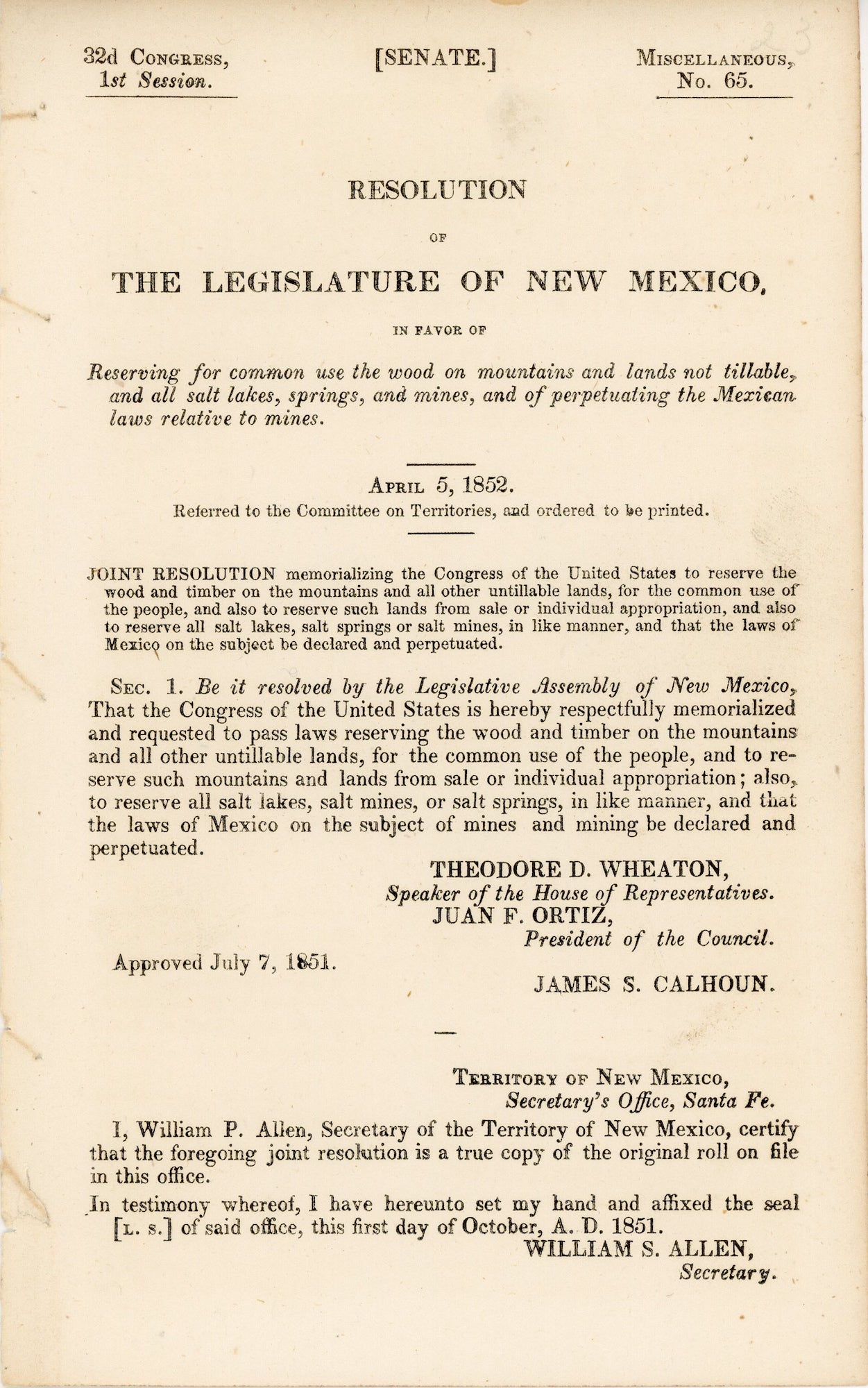 [Salt. Land Use] [New Mexico] - Resolution of the Legislature of New Mexico, in Favor of Reserving for Common Use the Wood on Mountains and Lands Not Tillable, and All Salt Lakes, Springs, and Mines, and of Perpetuating the Mexican Laws Relative to Mines. April 5, 1852