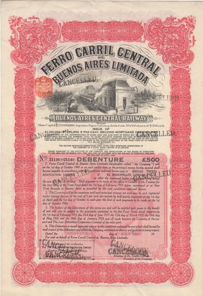Item #37891 Ferro Carril Central de Buenos Aires Limitada. Debenture. Buenos Ayres Central Railway