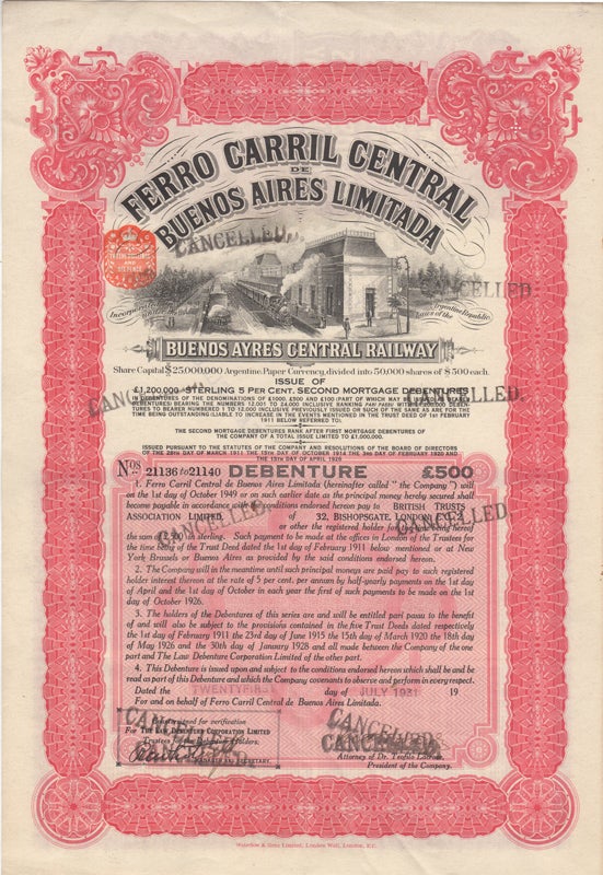 Item #37891 Ferro Carril Central de Buenos Aires Limitada. Debenture. Buenos Ayres Central Railway.