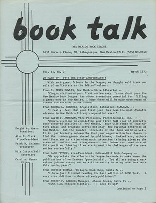 Item #38420 Book Talk. Vol. II, No. 2. March 1973. New Mexico Book League
