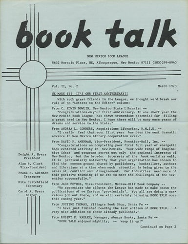 Item #38420 Book Talk. Vol. II, No. 2. March 1973. New Mexico Book League.