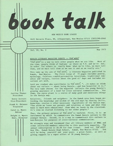 Item #38422 Book Talk. Vol. IV, No. 2. May 1975. New Mexico Book League.