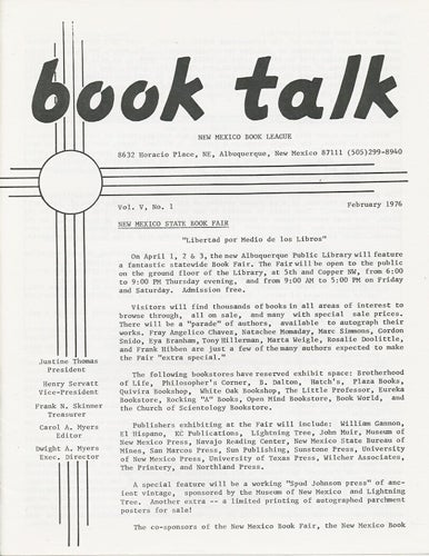 Item #38423 Book Talk. Vol. V, No. 1. February 1976. New Mexico Book League.