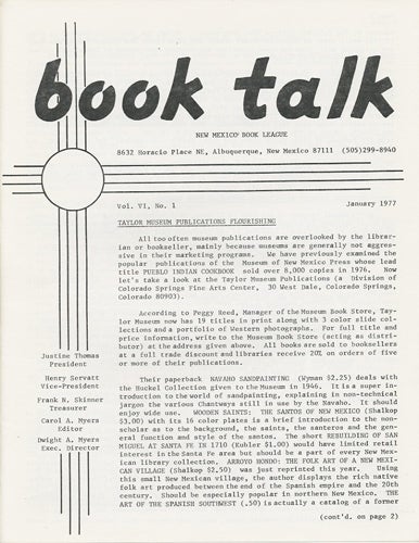 Item #38425 Book Talk. Vol. VI, No. 1. January 1977. New Mexico Book League.