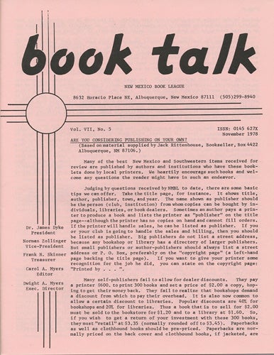 Item #38427 Book Talk. Vol. VII, No. 5. November 1978. Are you Considering Publishing on your own? New Mexico Book League.