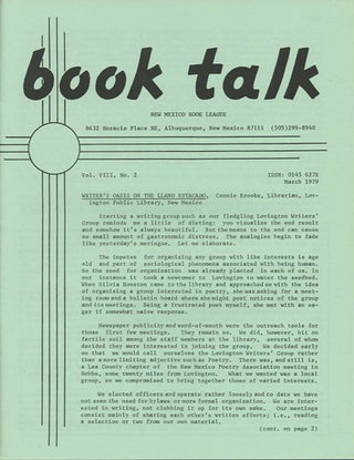 Item #38428 Book Talk. Vol. VIII, No. 2. March 1979. Writer's Oasis on the Llano Estacado. New...