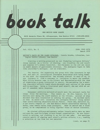 Item #38428 Book Talk. Vol. VIII, No. 2. March 1979. Writer's Oasis on the Llano Estacado. New Mexico Book League, Connie Brooks.