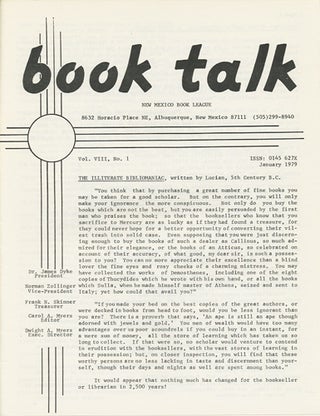 Item #38429 Book Talk. Vol. VIII, No. 1. January 1979. The Illiterate Bibliomaniac. New Mexico...