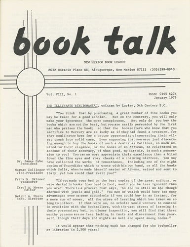 Item #38429 Book Talk. Vol. VIII, No. 1. January 1979. The Illiterate Bibliomaniac. New Mexico Book League.