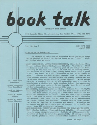 Item #38432 Book Talk. Vol. IX, No. 4. August 1980. New Mexico Book League.
