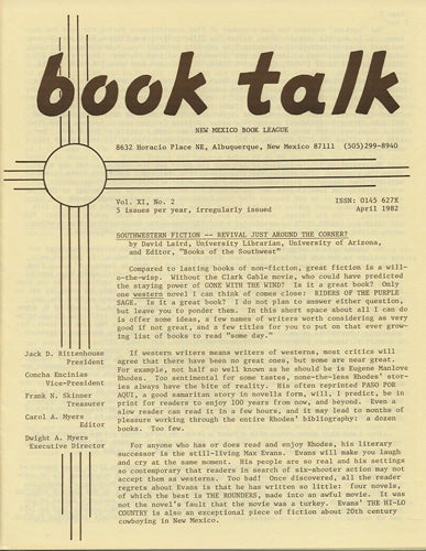 Item #38434 Book Talk. Vol. XI, No. 2. April 1982. Southwestern Fiction - Revival Just Around the Corner? David New Mexico Book League. Laird.