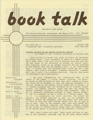 Item #38437 Book Talk. Vol. XIII, No. 1. January 1984. Cultural Colonialism and Western...