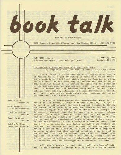Item #38437 Book Talk. Vol. XIII, No. 1. January 1984. Cultural Colonialism and Western University Presses. New Mexico Book League, Stephen F. Cox.