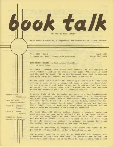 Item #38438 Book Talk. Vol. XIII, No. 2. March 1984. New Mexico Novels: A Preliminary Checklist. New Mexico Book League, Saul Cohen.