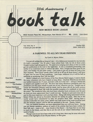 New Mexico Book League; Myers, Carol A. - Book Talk. Vol. XXX, No. 4. October 2001. A Farewell to All My Dear Friends