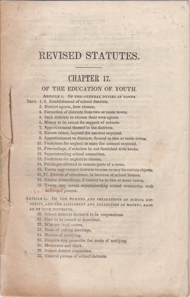 Item #38794 [Laws of Maine in Relation to the Education of Youth]. Revised Statutes. Chapter 17. May 3, 1842. Maine.
