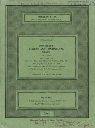 Item #39056 Catalogue of Important English and Continental Silver including the Property of The...