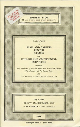 Item #39069 Catalogue of Rugs and Carpets, English and Continental Pewter and Brass Alms Dishes, Clocks and English and Continental Furniture. Friday, 17th December, 1965. Sotheby's.
