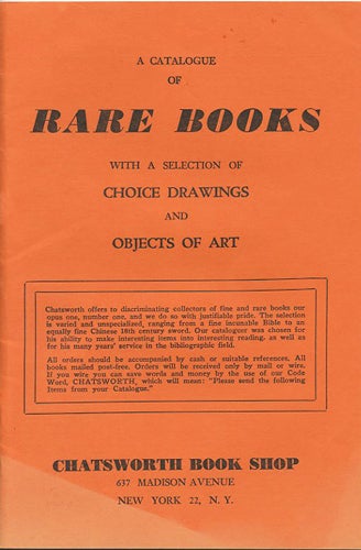 Item #39805 Rare Books with a Selection of Choice Drawings and Objects of Art. Chatsworth Book Shop.