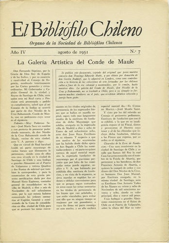 Item #39877 El Bibliófilo Chileno. Organo de la Sociedad de Biblófilos Chilenos. Año IV agosto de 1951, No. 7. Sociedad de Bibliófilos Chilenos.
