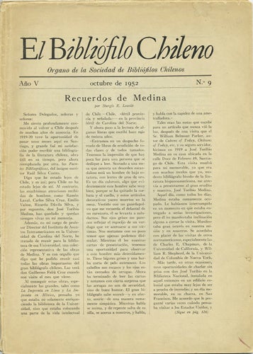 Item #39878 El Bibliófilo Chileno. Organo de la Sociedad de Biblófilos Chilenos. Año V octubre de 1952, No. 9. Sociedad de Bibliófilos Chilenos.