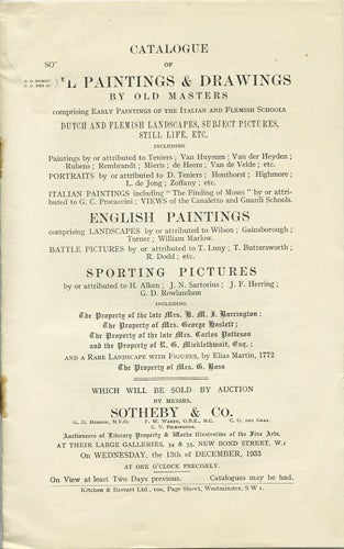 Item #39917 Catalogue of Oil Paintings & Drawings by Old Masters. Wednesday, December 13, 1933. Sotheby's.