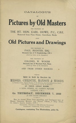 Item #41079 Catalogue of Pictures by Old Masters. ... Also Old Pictures and Drawings. Thursday,...