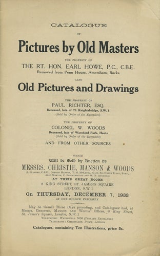 Item #41079 Catalogue of Pictures by Old Masters. ... Also Old Pictures and Drawings. Thursday, December 7, 1933. Manson Christie, Woods.