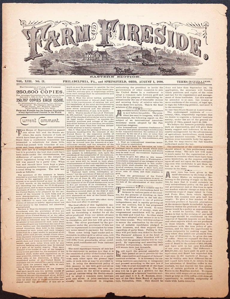 Item #41343 Farm and Fireside. Eastern Edition. Vol. XIII. No. 21. August, 1890. Agriculture. Bimetalism, Pennsylvania, Ohio.