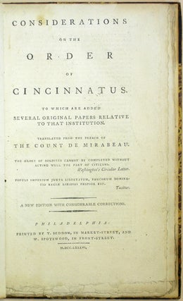 Item #41762 Considerations on the Order of Cincinnatus. To Which are Added Several Original...