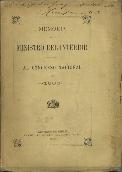 Item #42062 Memoria del Ministro del Interior presentada al Congreso Nacional. Chile. Ministerio del Interior, José Ignacio Vergara.